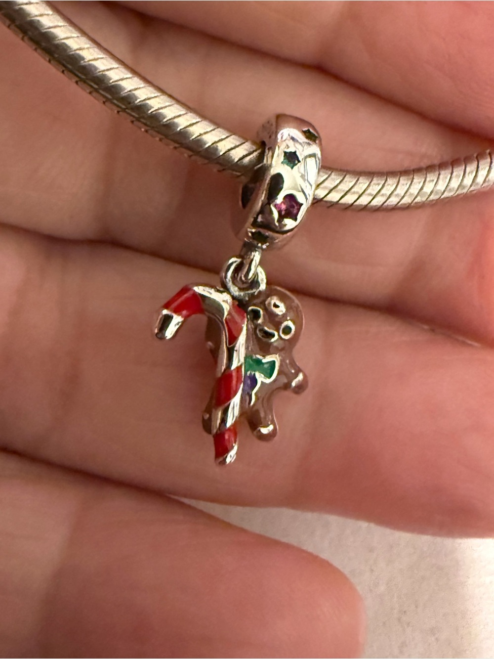 Pandora Silver Gingerbread Man and Candy Cane Charm - Red, Green